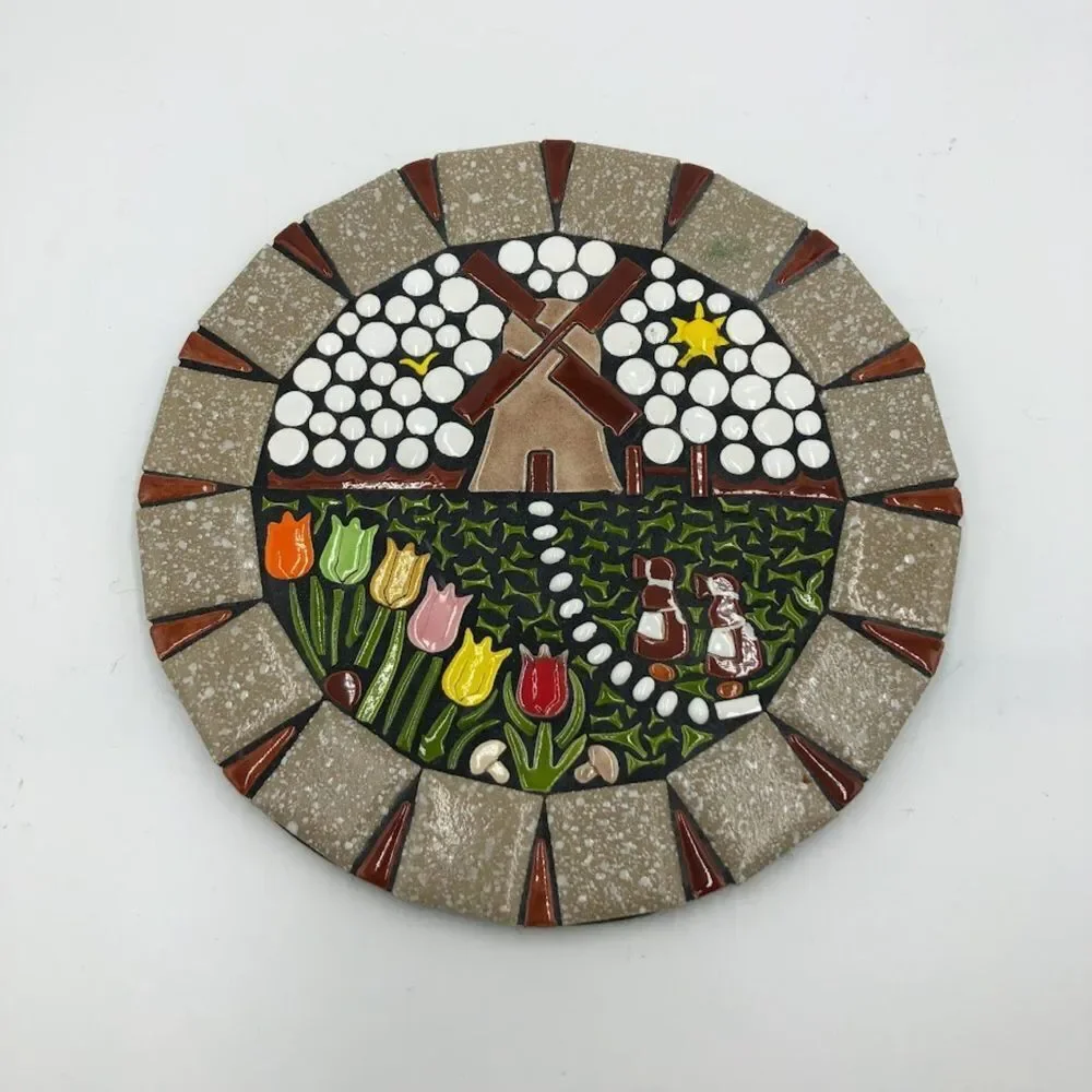 Vintage Mosaic Brown Ceramic Tile Art Trivet Round Windmill Country Farm House